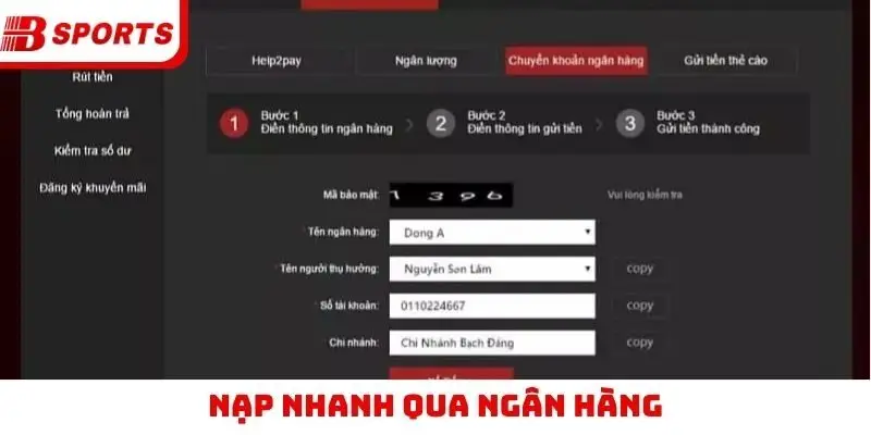Nạp nhanh qua ngân hàng